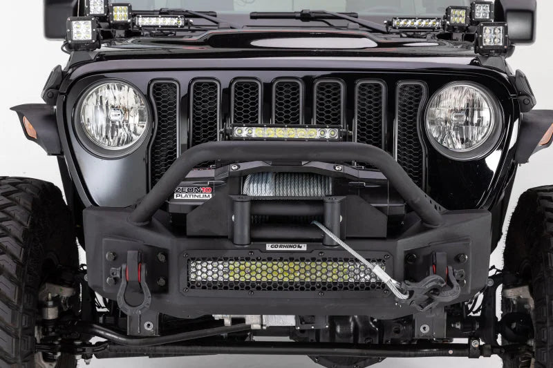 Go Rhino 07-20 Jeep Wrangler JL/JLU/JK/JKU/Gladiator JT Rockline Front Stubby Bumper w/ Overrider - Back View