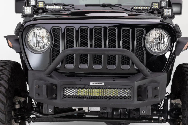 Go Rhino 07-20 Jeep Wrangler JL/JLU/JK/JKU/Gladiator JT Rockline Front Stubby Bumper w/ Overrider - Installation View