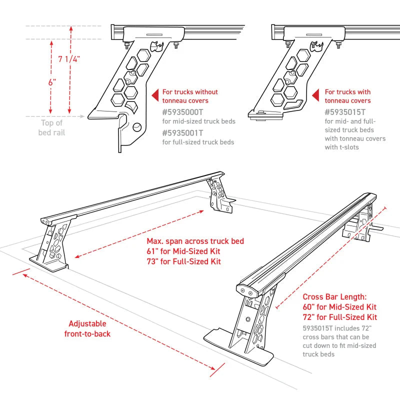 Go Rhino 15-22 Ford F-150 / 07-21 Toy. Tundra XRS Cross Bars Kit - Tex Blk (Attch Tonneau Cvr T-Trk) - Additional View 9