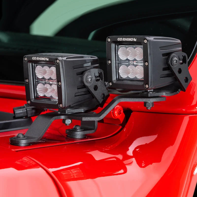 Go Rhino 18-20 Jeep Wrangler JL/JLU/Gladiator JT Light Mount - Two 3in Cubes Offset - Side View