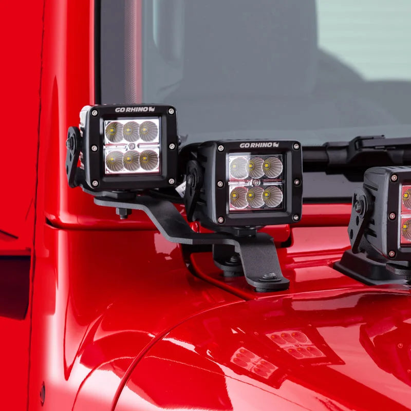Go Rhino 18-20 Jeep Wrangler JL/JLU/Gladiator JT Light Mount - Two 3in Cubes Offset - Installation View