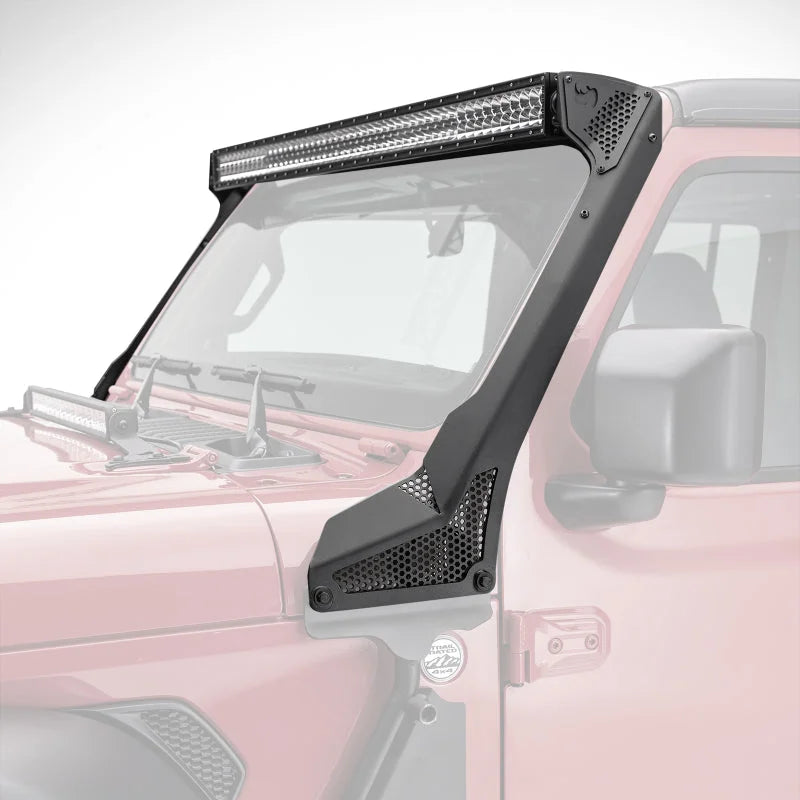 Go Rhino 18-20 Jeep Wrangler JL/JLU/Gladiator JT XE Windshield Light Bar Mount - 50in Single Row - Installation View