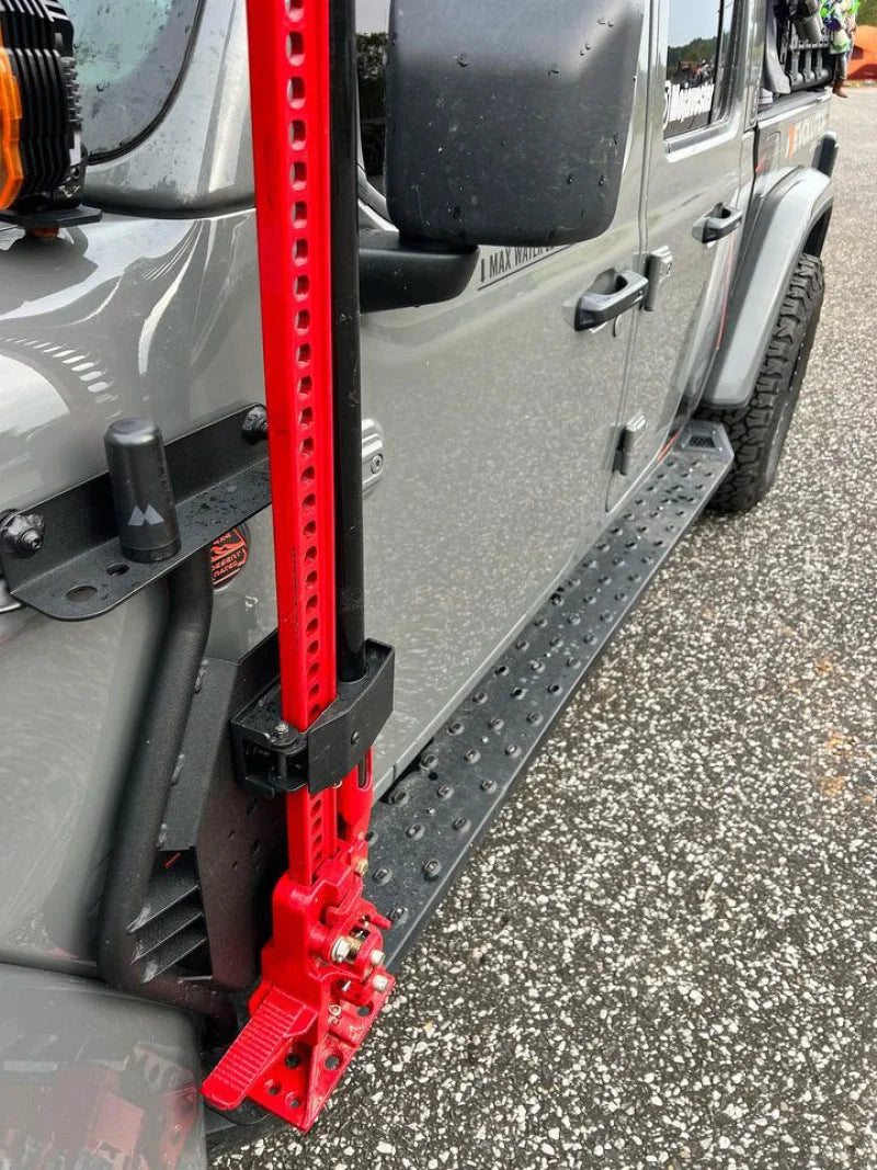 Go Rhino 18-24 Jeep Wrangler JL/JLU/JT Front Fender Jack Mount for Hi-Lift Jack - Tex. Blk - Side View