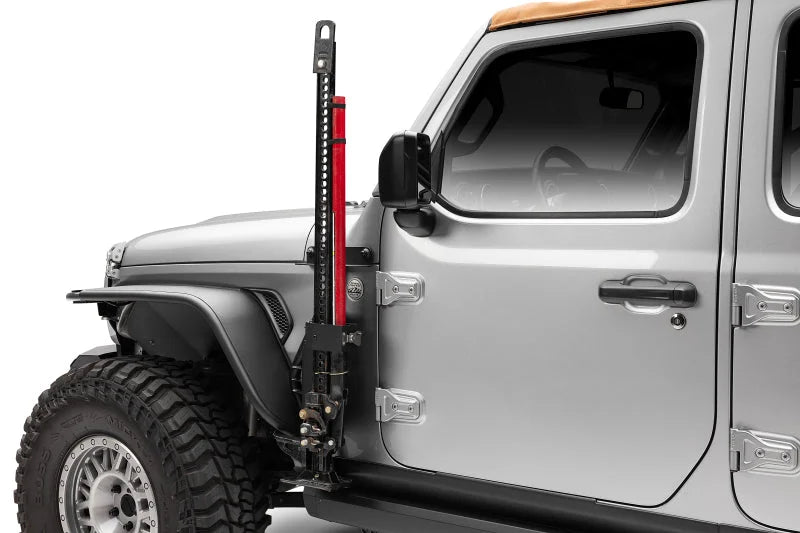 Go Rhino 18-24 Jeep Wrangler JL/JLU/JT Front Fender Jack Mount for Hi-Lift Jack - Tex. Blk - Installation View