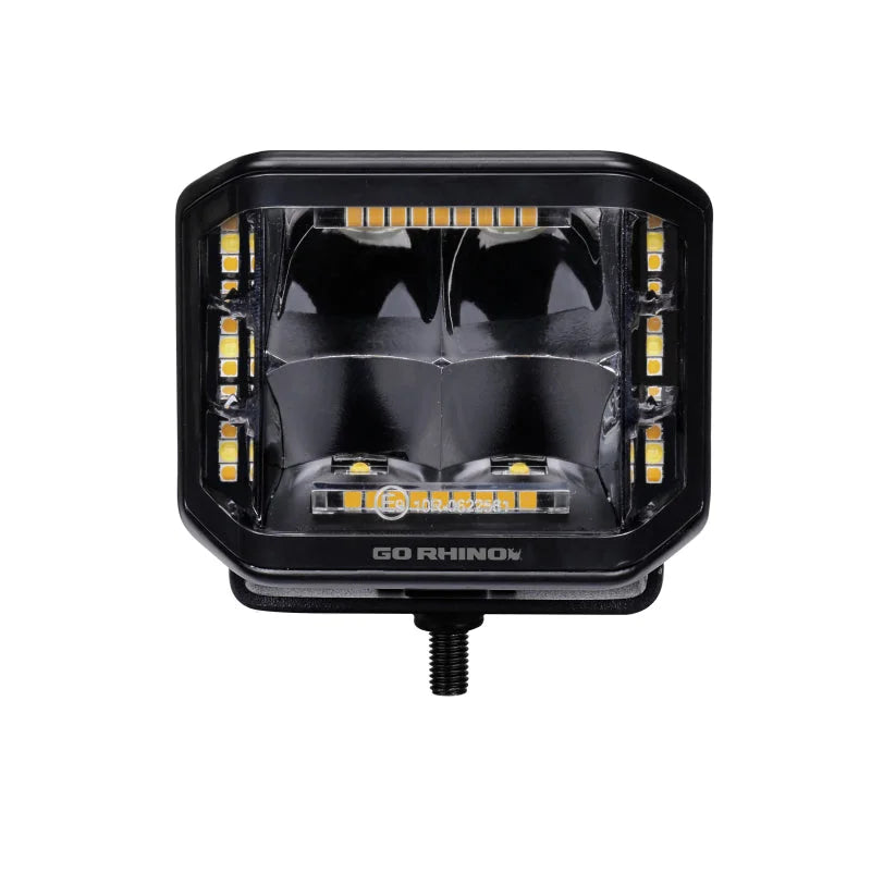 Go Rhino Xplor Blackout Combo Series Cube Sideline LED Spot Lights w/ Amber 4x3 - Blk (Pair) - Back View