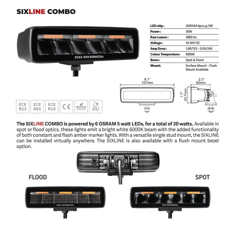 Go Rhino Xplor Blackout Combo Series Sixline LED Spot Lights w/Amber (Surface Mount) - Blk (Pair) - Installation View