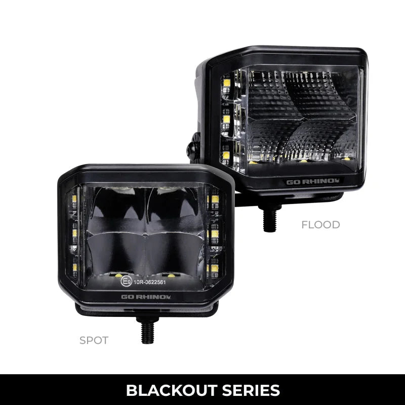 Go Rhino Xplor Blackout Series Cube LED Sideline Spot Light Kit (Surface Mount) 4x3 - Blk (Pair) - Side View