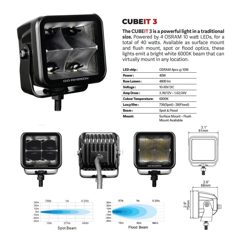 Go Rhino Xplor Blackout Series Cube LED Spot Light Kit (Surface/Threaded Stud Mnt) 3x3 - Blk (Pair) - Additional View 9
