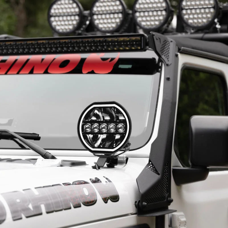Go Rhino Xplor Blackout Series Maxline LED Hi/Low Beam w/Multi DRL (Surface Mount) 7in. - Blk - Installation View