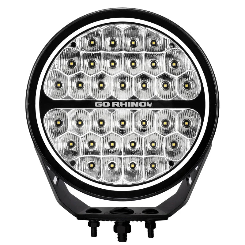Go Rhino Xplor Blackout Series Round LED Sgl Driving Kit w/DRL (Surface/Thread Stud Mnt) 9in. - Blk - Main Product View