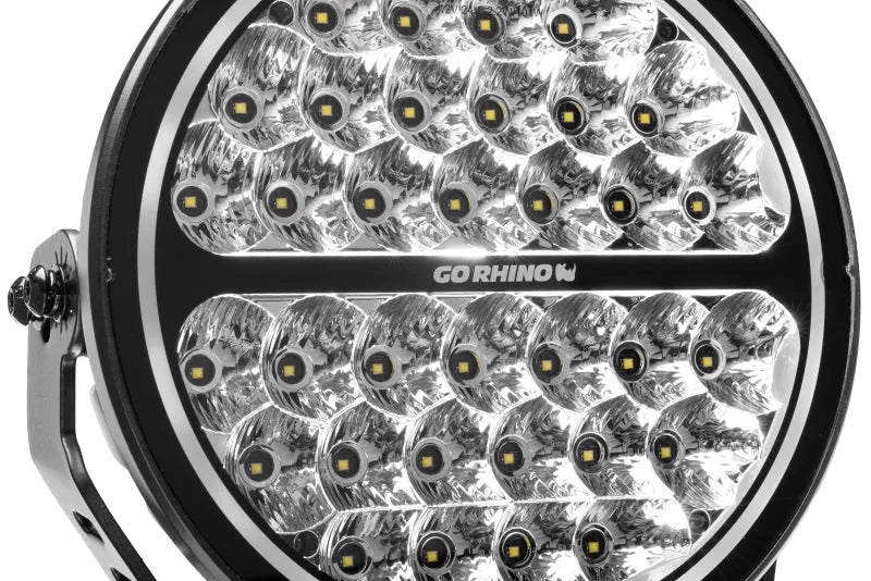 Go Rhino Xplor Blackout Series Round LED Sgl Driving Kit w/DRL (Surface/Thread Stud Mnt) 9in. - Blk - Side View