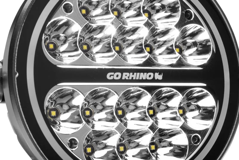 Go Rhino Xplor Blackout Series Round LED Spot Light Beam w/DRL (Surface/Thread Stud Mnt) 7in. - Blk - Side View