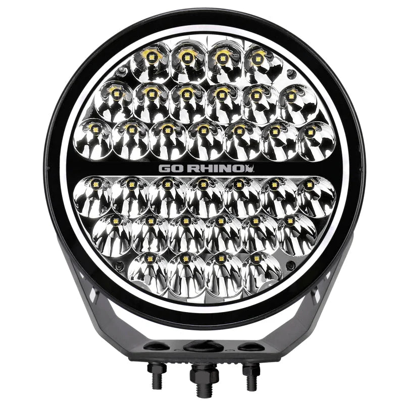 Go Rhino Xplor Blackout Series Round Single LED Spot Light Kit w/DRL (Surface Mount) 9in. - Blk - Main Product View