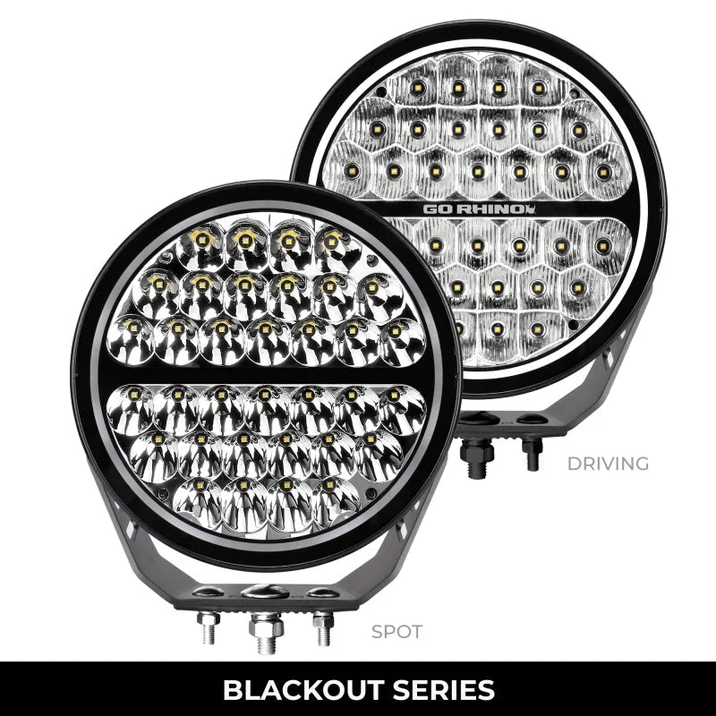 Go Rhino Xplor Blackout Series Round Single LED Spot Light Kit w/DRL (Surface Mount) 9in. - Blk - Side View