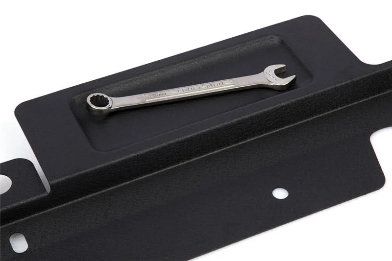 GrimmSpeed Radiator Shroud w/Tool Tray - Textured Black fits 2005-2009 Subaru Legacy / Outback - Installation View
