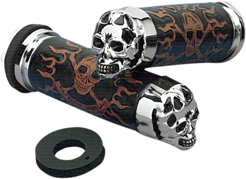 Grips - Skull Grips - Plain Eyes - Chrome DragSpecialties 74693B - Detail View