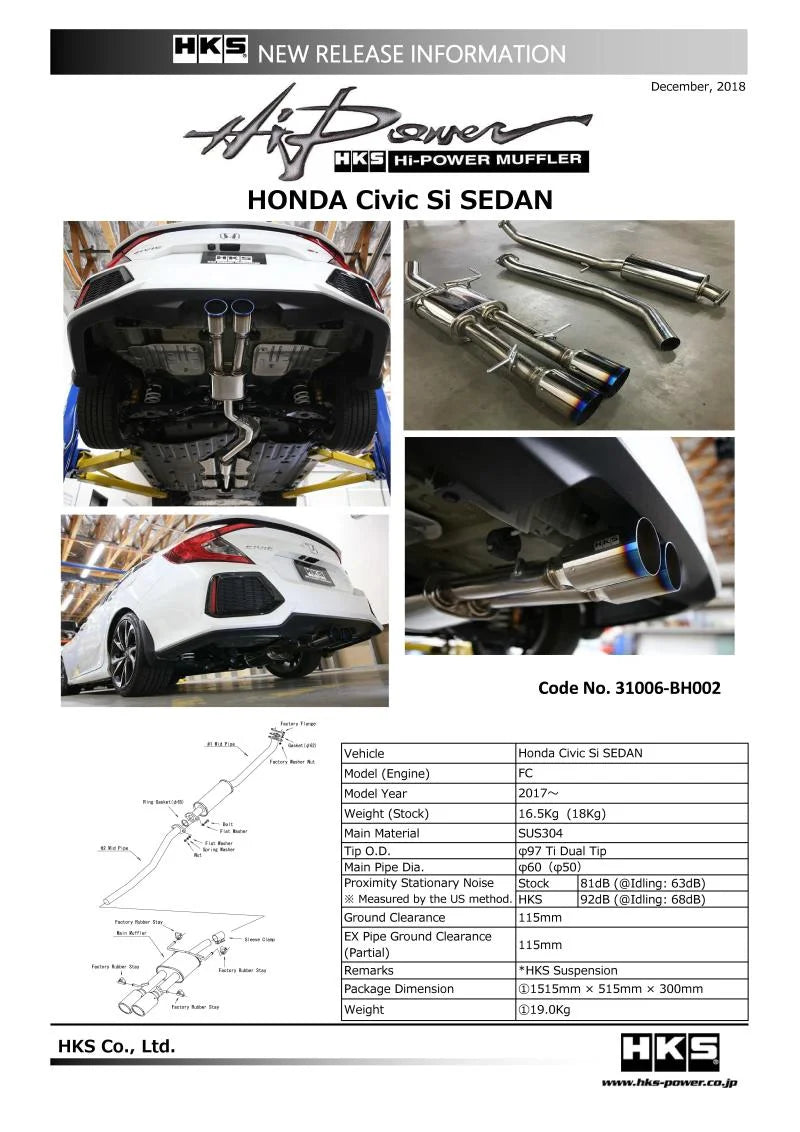 HKS 17+ Honda Civic Si Sedan (FC) Hi-Power Muffler Exhaust - Back View