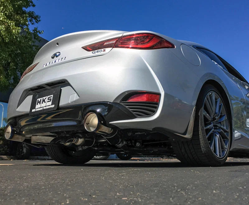 HKS 2017 Infiniti Q60 (RWD) Dual Hi-Power Titanium Tip Catback Exhaust - Side View