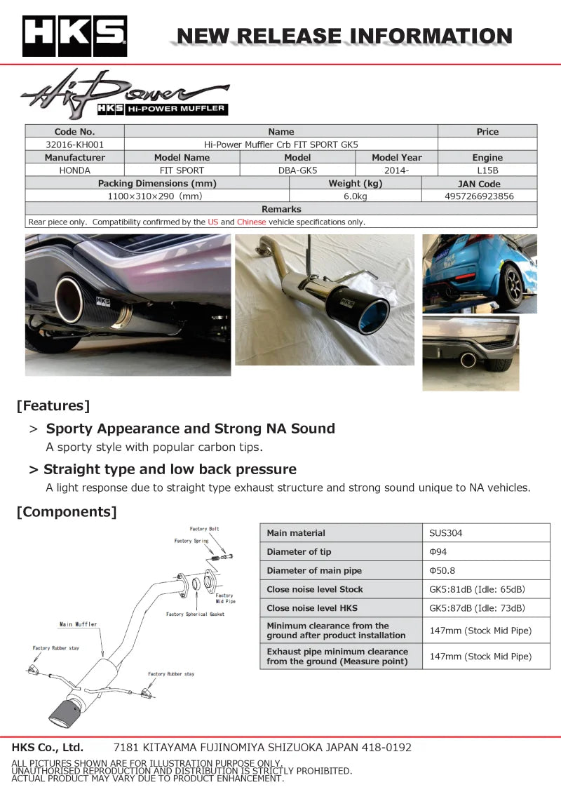 HKS Hi-Power Muffler 2014+ Honda Fit Sport GK5 w/ Carbon Tips - Detail View
