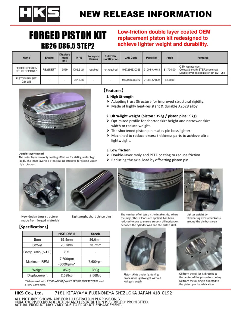 HKS Step2 Forged Piston Kit For RB26 - 86.5mm Bore - Back View