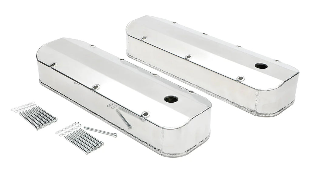 Hamburger's Performance FABRICATED ALUMINUM VALVE COVERS BRUSHED BBC WITH HOLE 1019