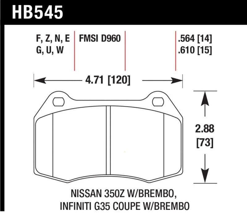 Hawk 03-07 G35/350z w/ Brembo HP+ Street Front Brake Pads - Main Product View