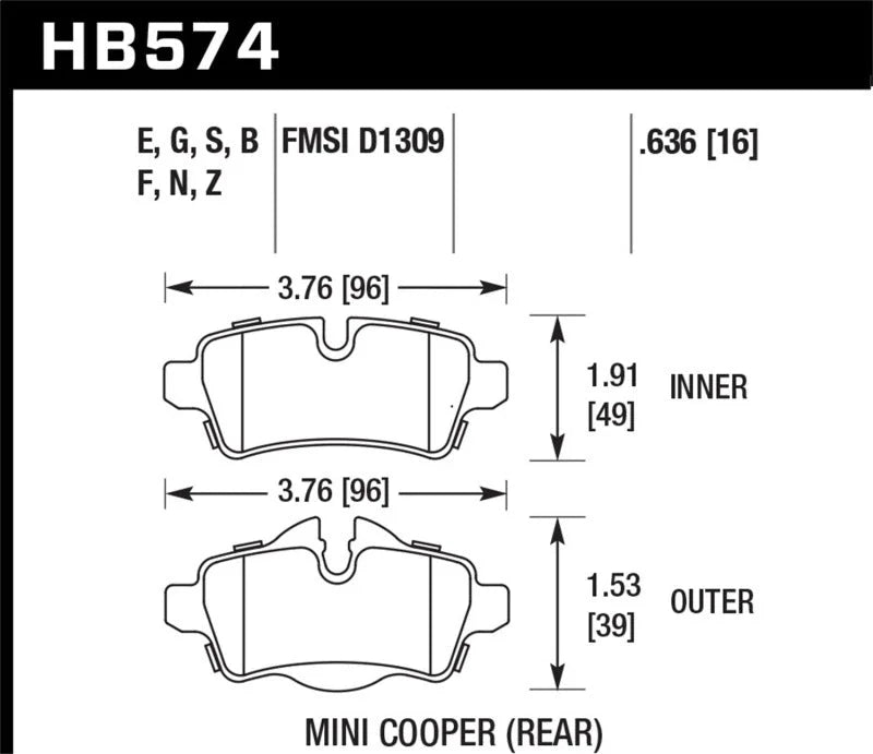 Hawk 07+ Mini Cooper HPS 5.0 Rear Brake Pads - Side View