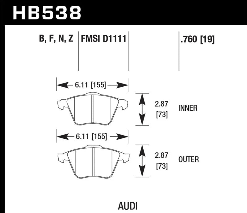 Hawk 2009-2009 Audi A4 Cabriolet HPS 5.0 Front Brake Pads - Side View