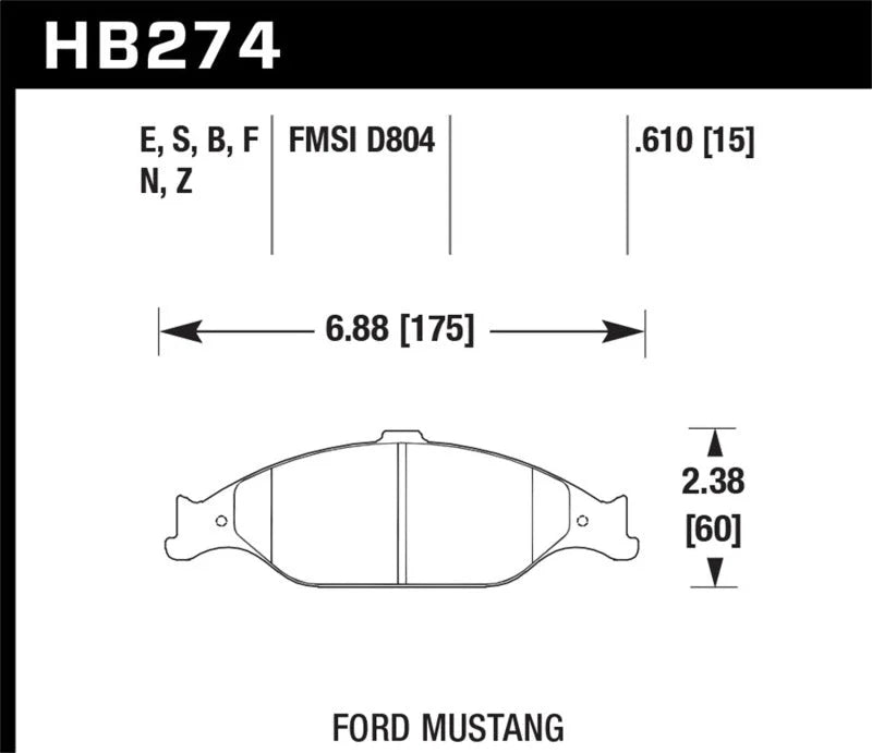 Hawk 99-04 Ford Mustang Base/GT HPS Street Front Brake Pads - Side View