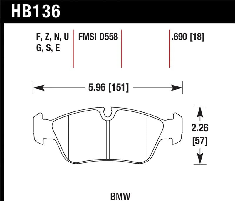 Hawk BMW 318i/318iC/318iS/318Ti/325Ci/325i/325iS/325Xi/328Ci/328iC/328iS/Z3 HT-10 Race Frt Brk Pads - Back View