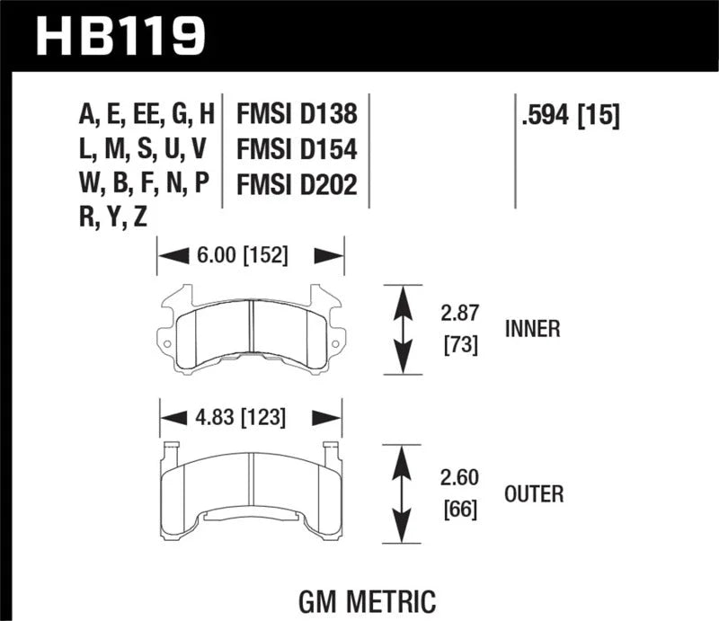 Hawk Buick / Cadillac / Chevrolet / GMC / Oldsmobile / Pontiac D-154 Caliper Black Race Brake Pads - Back View