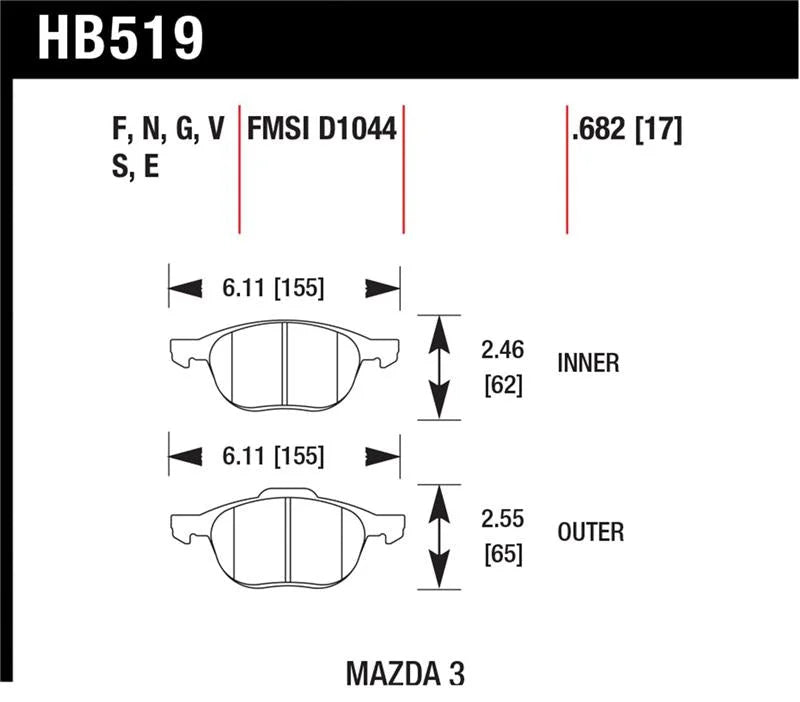 Hawk HP+ 08-09 Mazda 3 / Ford/ Volvo DTC-60 Race Front Brake Pads - Back View