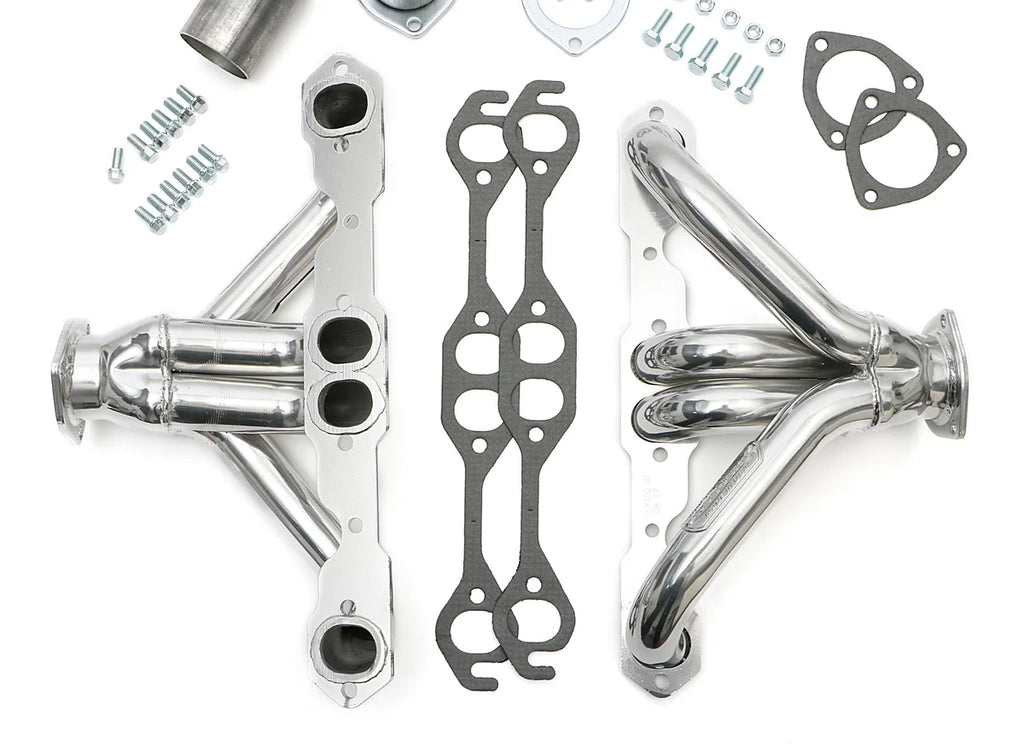 Hedman Hedders BLOCK HUGGER Headers; 1-5/8 in. Tubes; HTC Ceramic Coated fits Chevrolet Sb 283-400 - Back View