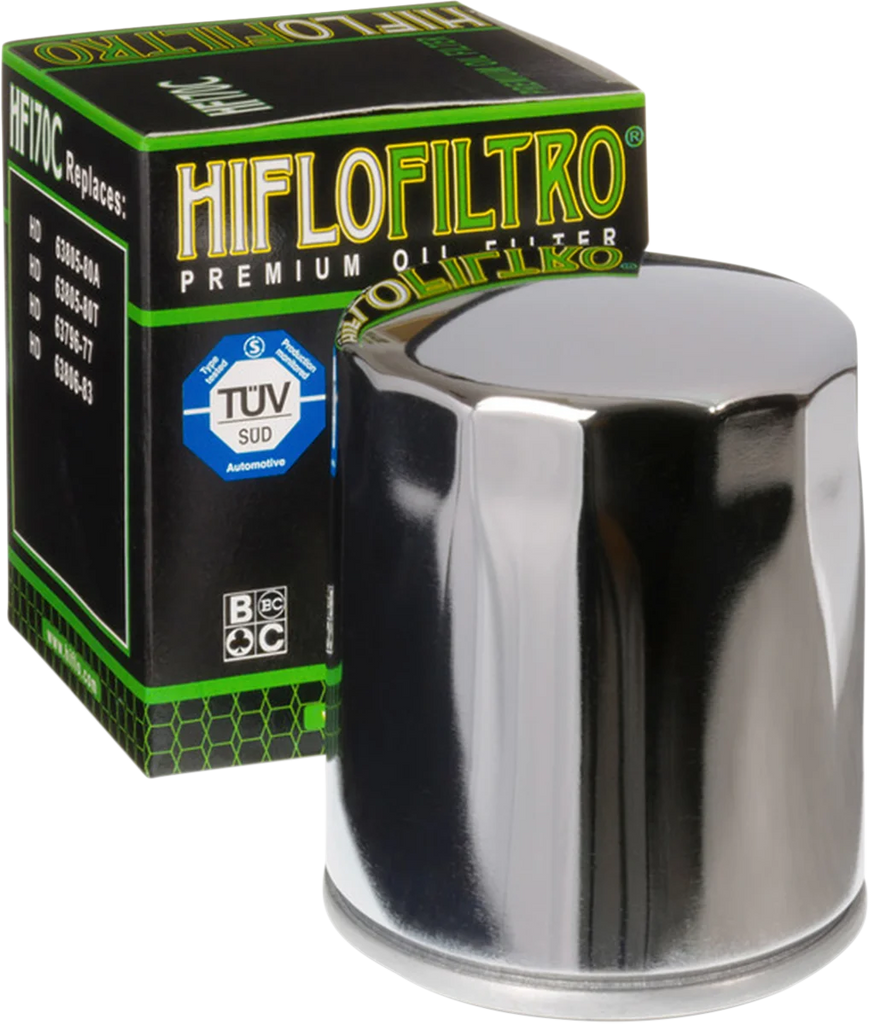 Hiflofiltro Oil Filter - Chrome HF170C - Side View