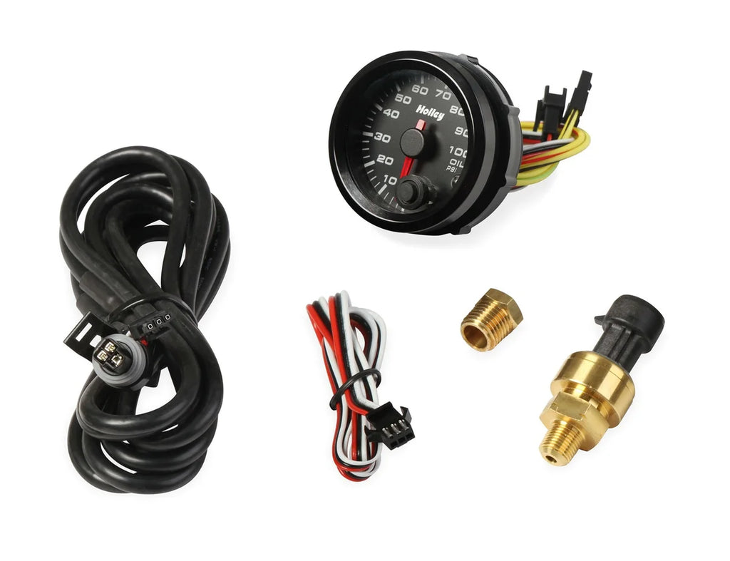 Holley Black 2-1/16" Oil Pressure 10-100 psi-Holley logo 26-601 - Side View