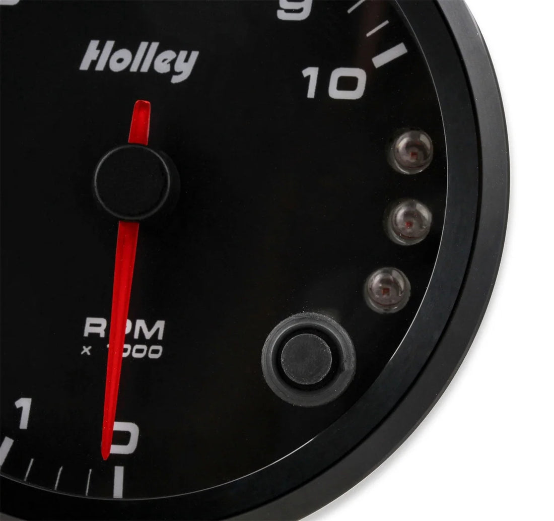 Holley Black 3-3/8" Tachometer 0-10K Standalone w/ Internal Shiftlight-Holley logo 26-617 - Side View