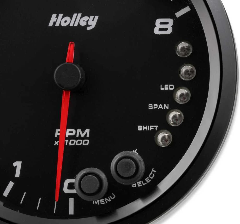 Holley Black 4-1/2" Tachometer 0-8K Standalone w/ Internal Shiftlight-Holley logo 26-616 - Side View