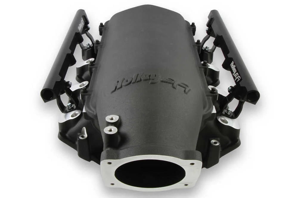 Holley EFI Lo-Ram Manifold Kit - Top-feed. Single Injector Black Finish 300-679BK fits LS3 - Side View