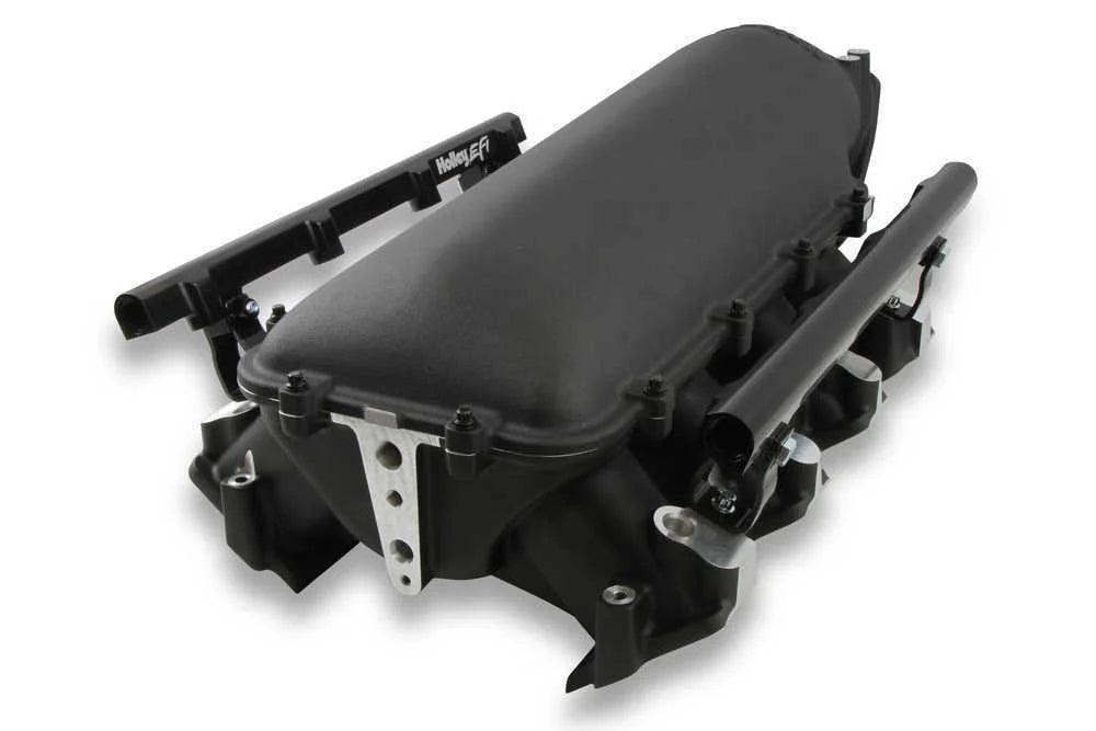 Holley EFI Lo-Ram Manifold Kit - Top-feed. Single Injector Black Finish 300-679BK fits LS3 - Back View