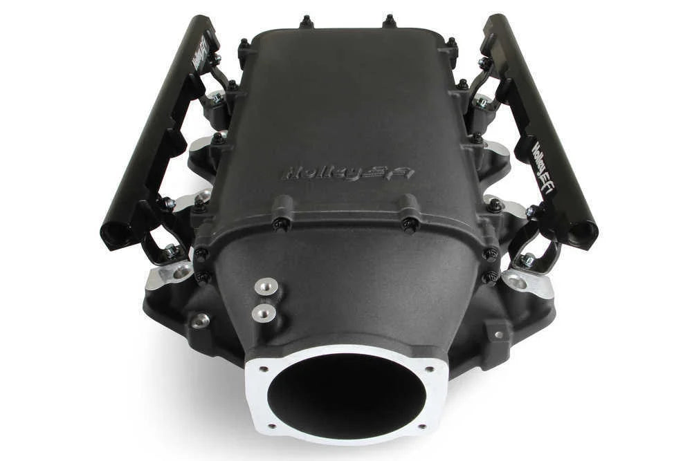 Holley EFI Ultra Lo-Ram Manifold Kit - Black Finish 300-621BK fits LS1 / LS2 / LS6 - Back View