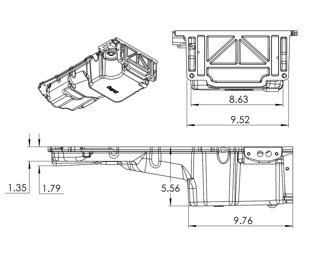 Holley GM Gen V LT Swap Oil Pan - as Cast - with Turbo Oil or PVC Return Port - Dimension Reference