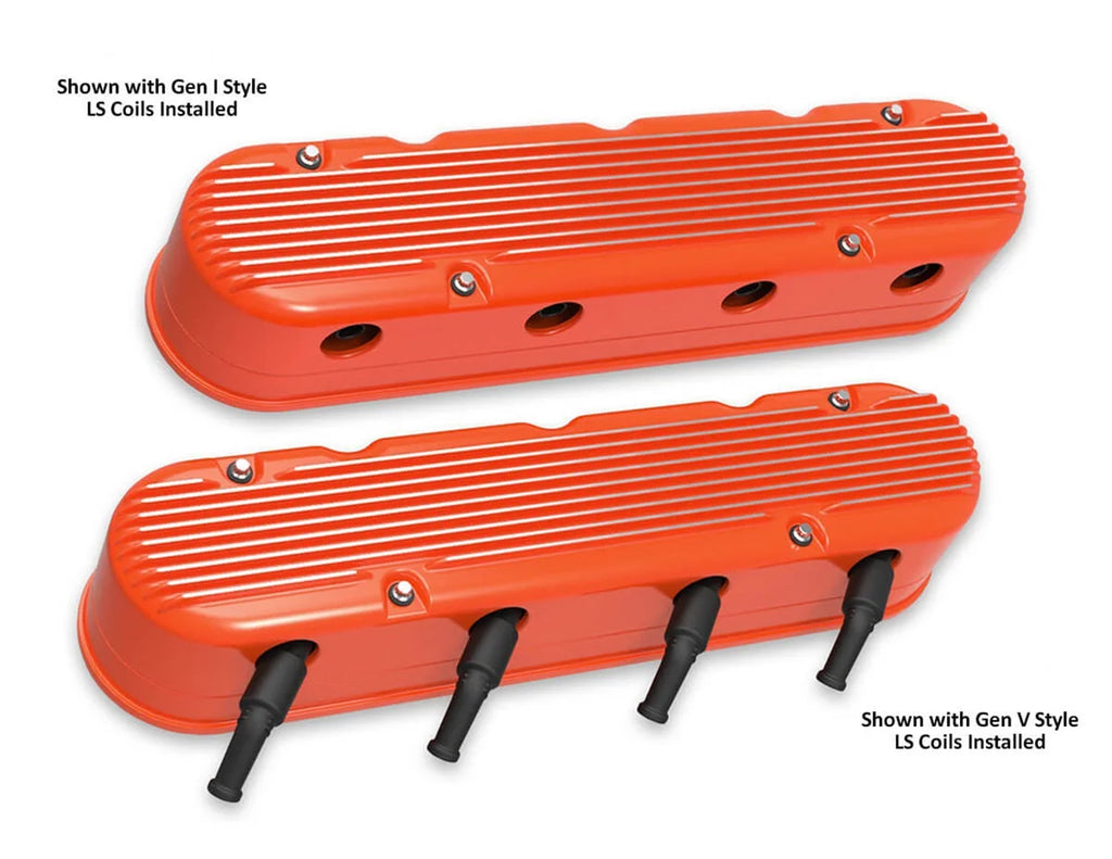 Holley Holley 2-Piece Finned Valve Cover - Gen III/IV LS - Factory Orange Machined 241-183 - Side View
