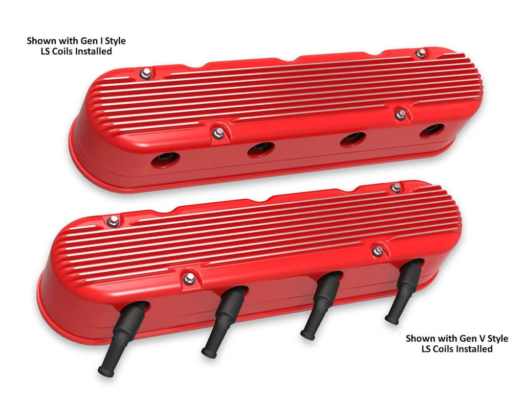 Holley Holley 2-Piece Finned Valve Cover - Gen III/IV LS - Gloss Red Machined 241-184 - Side View