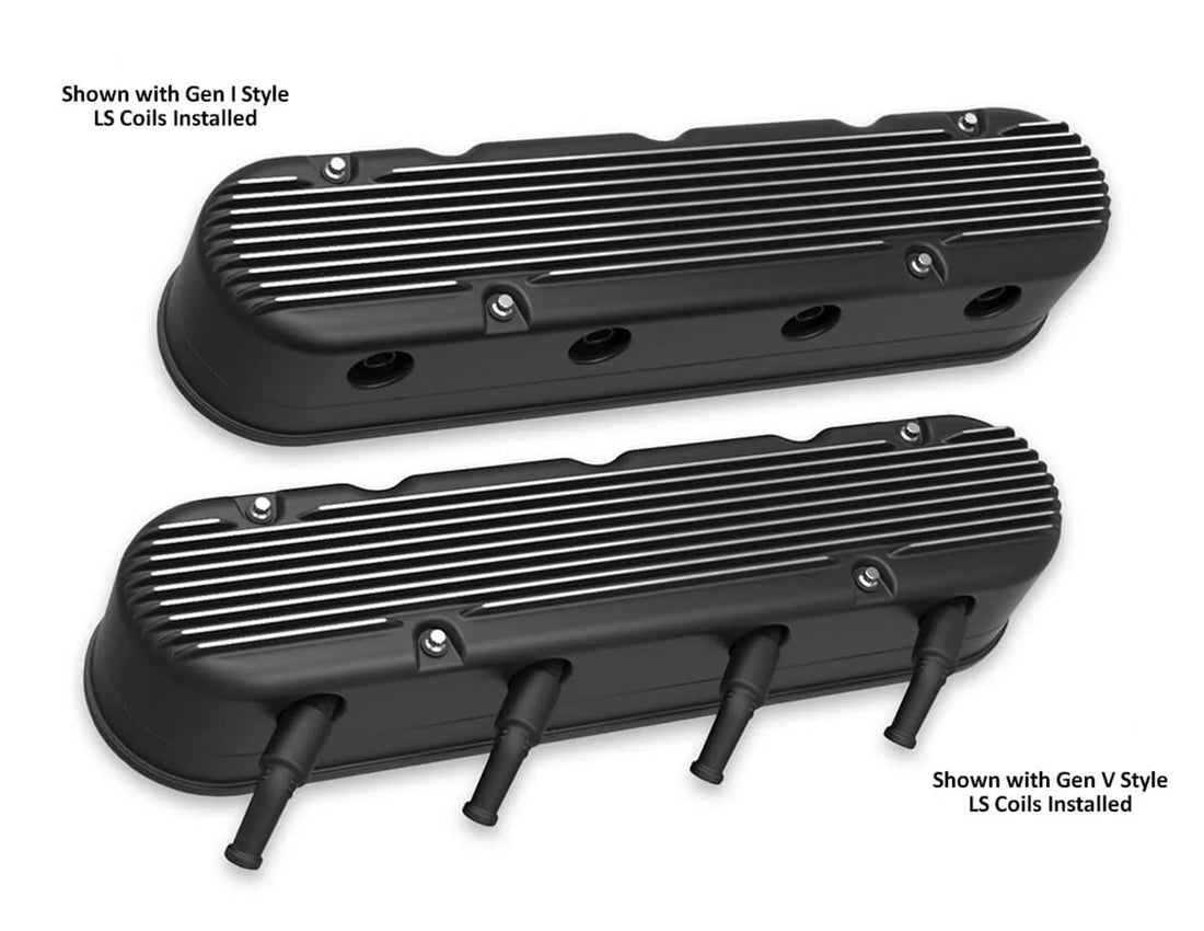 Holley Holley 2-Piece Finned Valve Cover - Gen III/IV LS - Satin Black Machined 241-182 - Side View