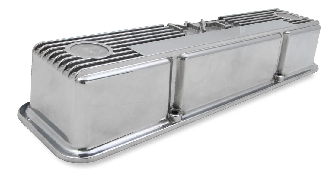 Holley Holley M/T Valve Covers - Vintage Style - Finned - SBC - Polished 241-82 - Back View