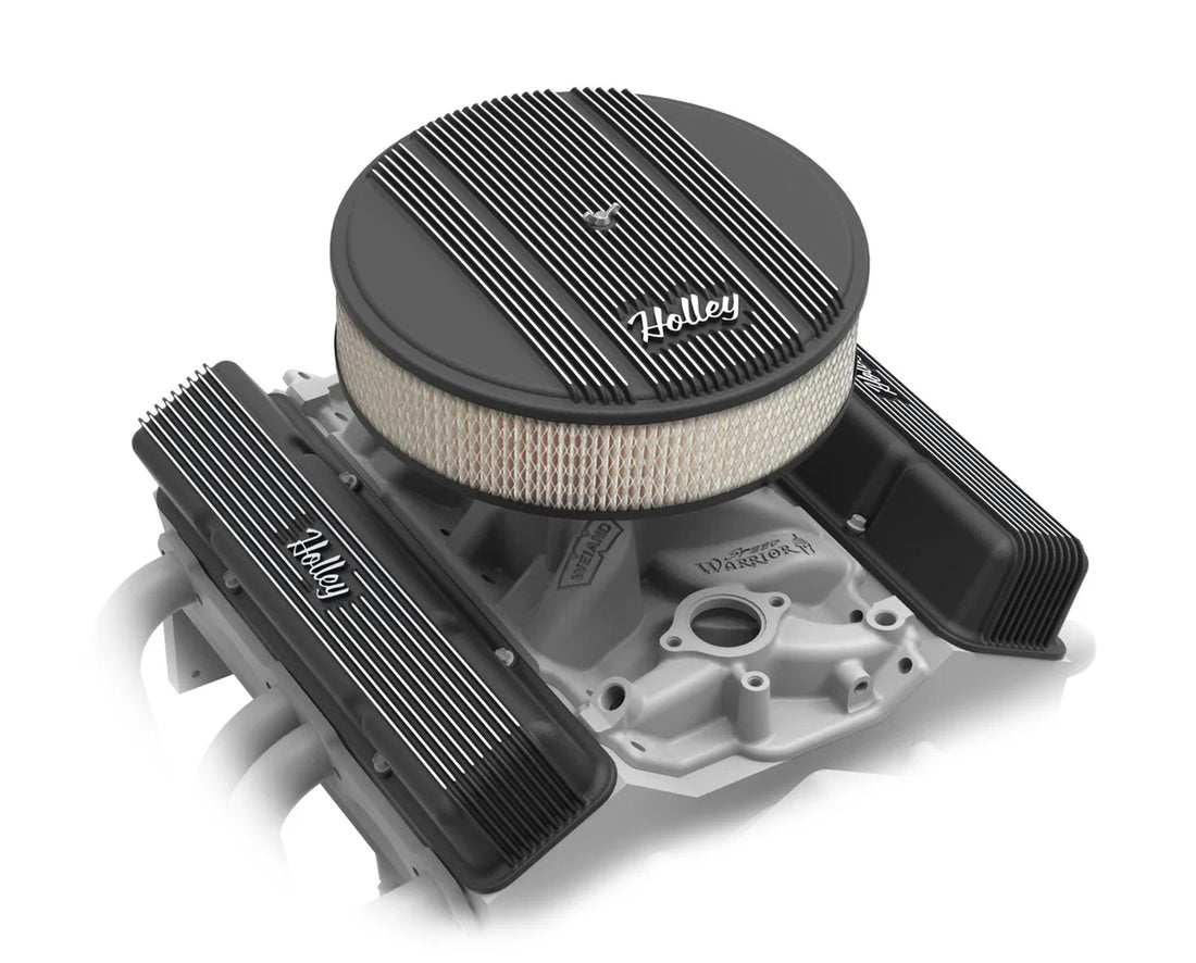 Holley Holley Valve Covers - Vintage Series - Finned - SBC - Satin Black Machined - Back View