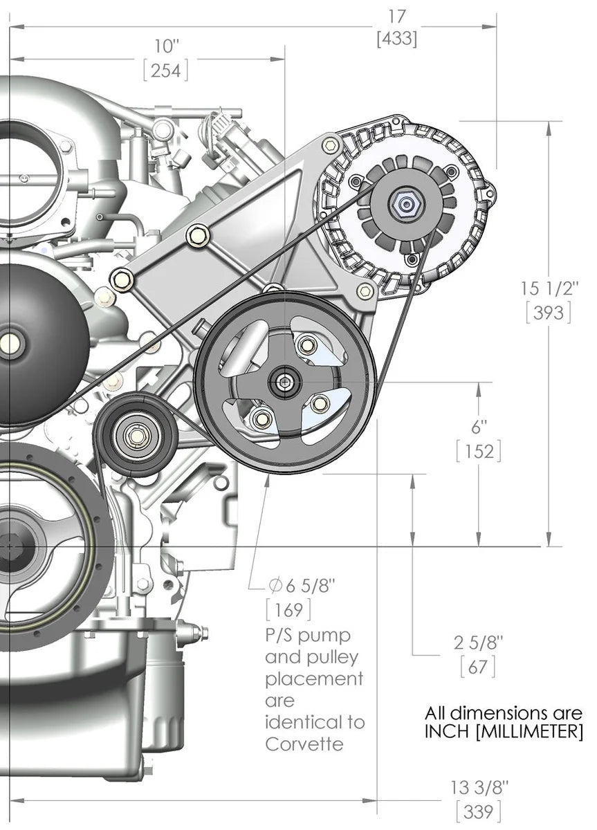 Holley Includes Alternator, Power Steering Pump & Pulleys - Dimension Reference