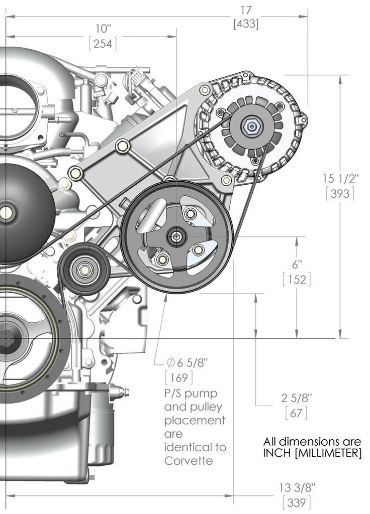 Holley Includes Alternator, Power Steering Pump & Pulleys - Dimension Reference