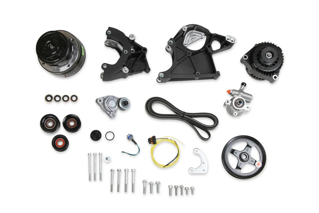 Holley Includes R4 A/C Compressor, Alternator, Power Steering Pump, Belt & Pulleys 20-136BK - Side View