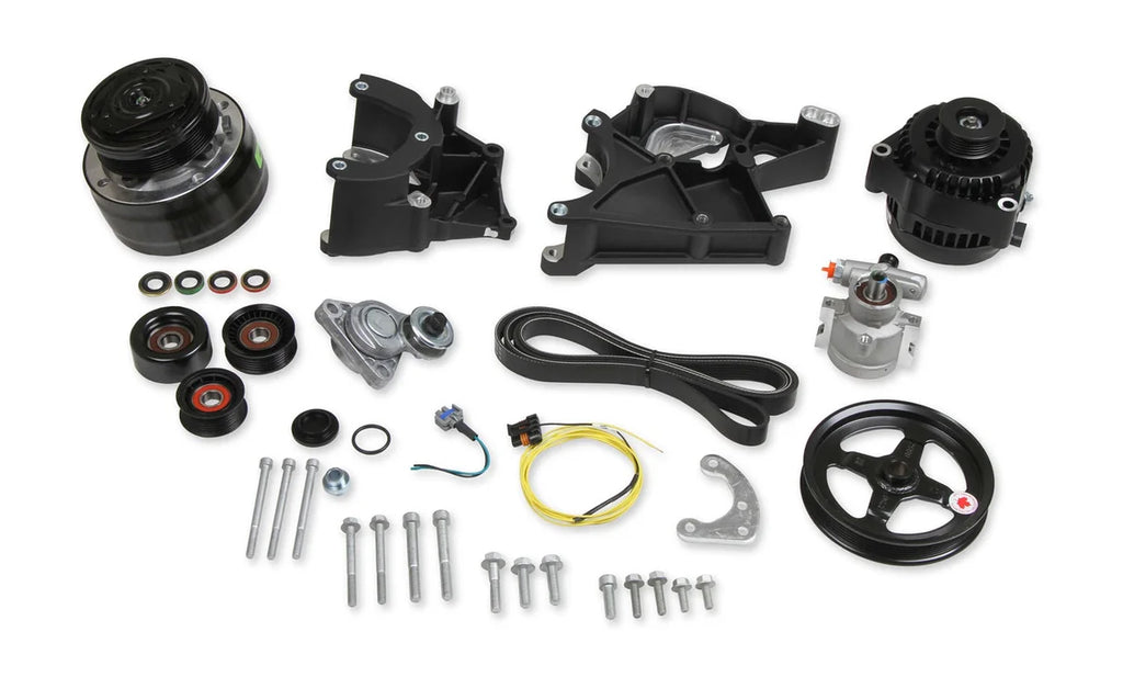 Holley Includes R4 A/C Compressor, Alternator, Power Steering Pump, Belt & Pulleys 20-136BK - Back View